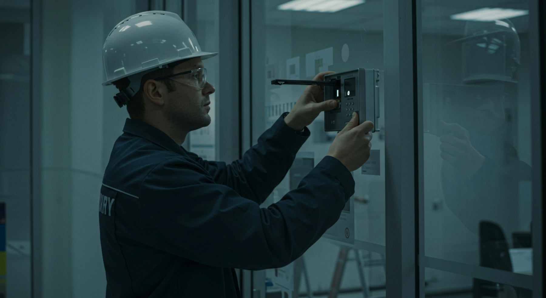 Person in a hard hat working on a control panel in an industrial setting
